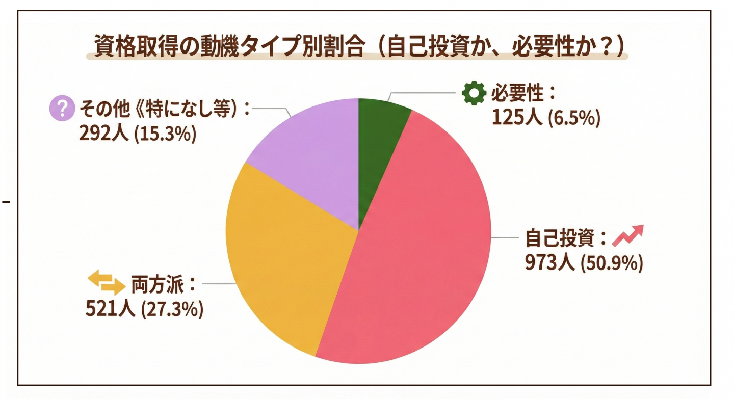 投資のみ派： 973人 (50.9%)
両方派： 521人 (27.3%)
必要性のみ派： 125人 (6.5%)
その他： 292人 (15.3%)